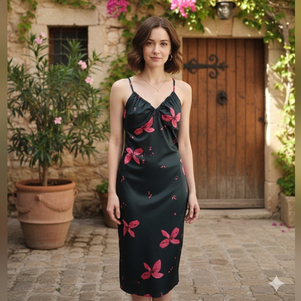 Sisley Black and Pink Floral Patterned Slip Dress